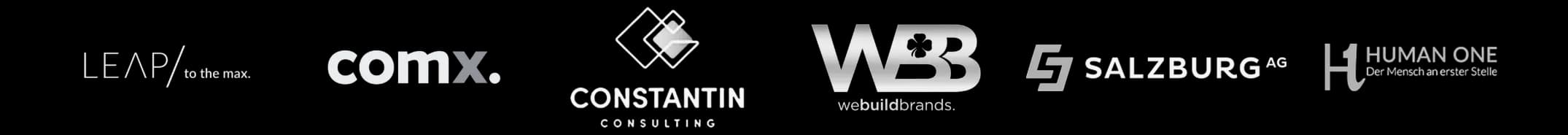 Partner logos – LEAP, comx, Constantin Consulting, WBB, Salzburg AG, Human One